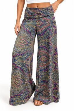 White Mark Boho Paisley Print Wide Leg Palazzo Pants Foldover Yoga Waist Large